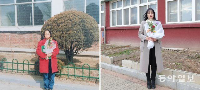 1994년 이명자 씨 안산원곡초 졸업 사진(왼쪽 사진). 지난해 12월 이명자 씨가 같은 장소에서 꽃다발을 들고 있다.
