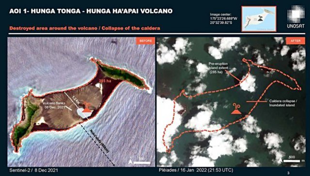 유엔 위성사진 분석 기관(UNOSAT)이 공개한 해저 화산 폭발 이후 통가의 위성사진. UNOSAT