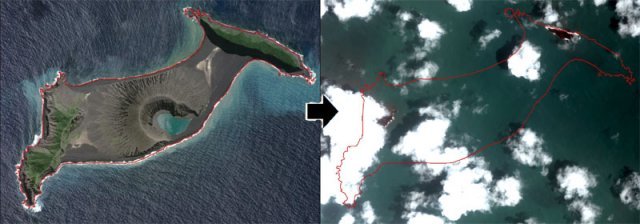2020년 8월 통가 화산이 폭발하기 전(왼쪽)과 화산이 폭발한 다음 날인 이달 16일에 촬영된 위성사진. 유럽연합(EU) 지구관측 프로그램인 코페르니쿠스 센티널-2 위성 촬영. 프랑스국립우주센터(CNES) 제공