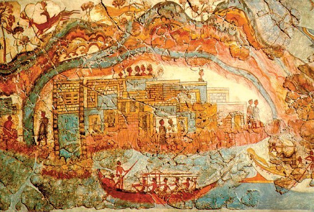 그리스 산토리니에서 발견된 기원전 1600년경의 벽화로 당시 에게해 지역에 살았던 미노아인들이 선박을 타고 바다를 항해하는 모습이 담겨 있다. 휴머니스트 제공