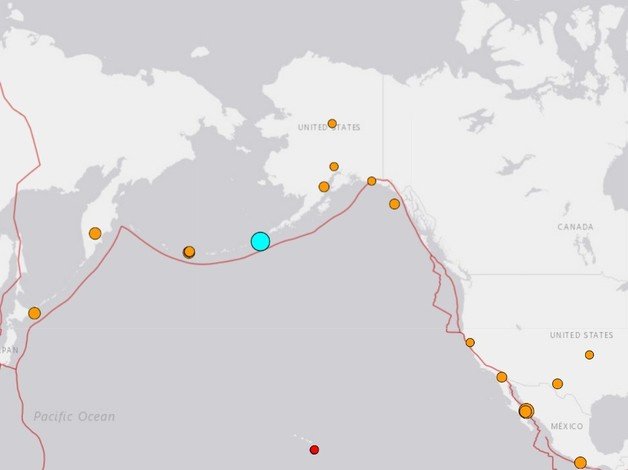 22일(현지시간) 미국 알래스카주 우날라스카 인근 해역에서 규모 6.3 지진이 발생했다. (미국 지질조사국 화면 갈무리) 2022.01.22 © 뉴스1