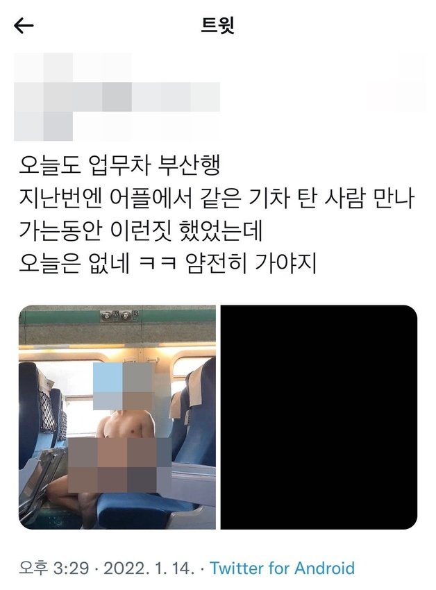 지난 14일 열차 안에서 음란 행위를 하는 모습을 찍어 SNS에 공유한 남성. (트위터 갈무리) © 뉴스1