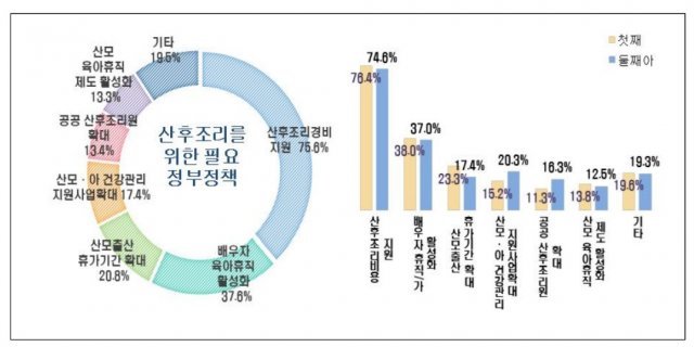 산후조리에 필요한 정부 정책으로 산모들은 산후조리 경비 지원(75.6%)와 배우자 육아휴직 활성화(37.6%)를 가장 많이 꼽았다. 한국보건사회연구원 제공