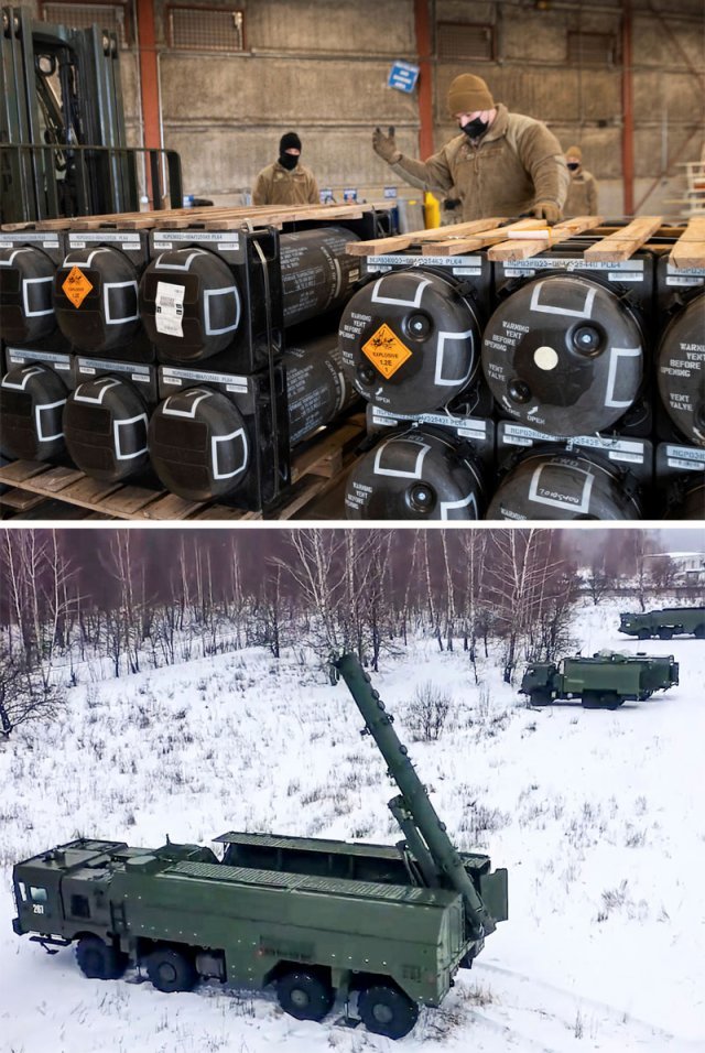 ‘우크라 사태’ 강대강 대치 21일(현지 시간) 미국 워싱턴 인근 델라웨어주 도버 공군기지에서 군인들이 우크라이나에 
보낼 무기, 탄약, 장비들을 화물대에 실으며 점검하고 있다(위쪽 사진). 이에 맞서 러시아는 25일 수도 모스크바 인근 
야로슬라블에서 이스칸데르 미사일 발사대와 지원차량을 동원한 미사일 전개 훈련을 실시했다. 미국 공군·러시아 국방부 제공