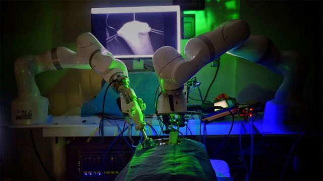 악셀 크리거 미국 존스홉킨스대 기계공학과 교수 연구팀이 개발한 ‘스마트 조직 자율로봇(STAR)’이 돼지 복강경 장문합 자율수술을 하고 있다. 미국 존스홉킨스대 제공