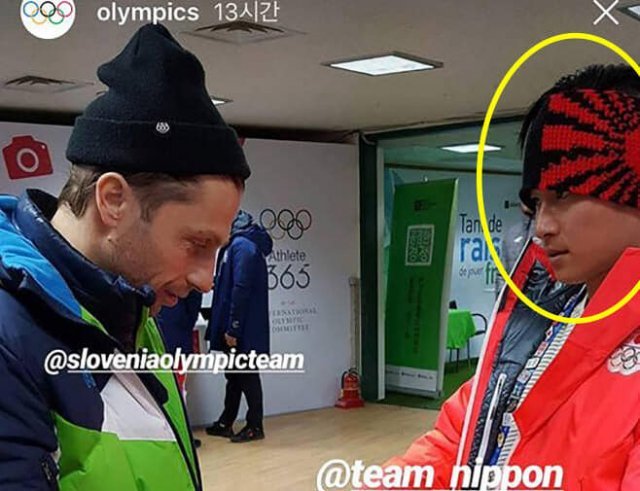 2018 평창 올림픽 당시 국제올림픽위원회(IOC) 공식 소셜네트워크서비스(SNS)에 게시된 욱일기 패턴의 모자를 쓴 일본 선수의 모습. 사진=서경덕 교수 페이스북 캡처