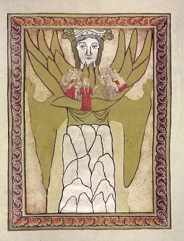 힐데가르트의 ‘교회의 세 위계’라는 그림에서 왕관을 쓴 거대한 여성이 인간 세상을 품에 안고 있다. 중세시대 수녀였던 힐데가르트는 세상을 포용하는 성스러운 교회를 여성에 빗대 표현했다. 사회평론아카데미 제공