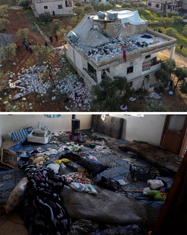 3일(현지 시간) 미군의 IS 수괴 제거 작전이 벌어진 시리아 북서부의 한 마을 민가. 3층에 은신해 있던 알쿠라이시가 가족들을 옆에 둔 채 자폭하면서 건물 일부가 무너져 내렸다(위쪽 사진). 내부에는 아이들이 머문 흔적이 고스란히 남아있다. 아트메흐=AP 뉴시스