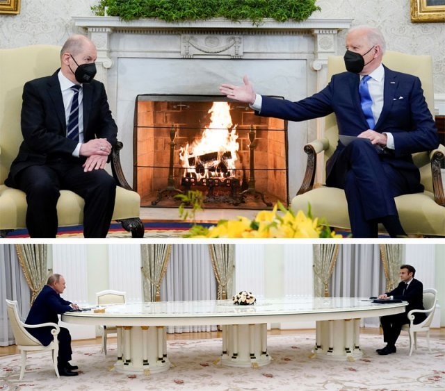 가까이 앉은 美-獨 정상… 멀찍이 앉은 佛-러 정상 7일 미국 워싱턴 백악관 대통령 집무실에서 조 바이든 미국 대통령(위쪽 사진 오른쪽)이 올라프 숄츠 독일 총리와 첫 정상회담을 
하고 있다. 바이든 대통령은 “러시아가 우크라이나를 침공한다면 더 이상 (러시아와 독일 간 가스 파이프라인인) 노르트스트림2는 
없을 것”이라고 밝혔다. 같은 날 러시아 모스크바 크렘린궁에서는 블라디미르 푸틴 러시아 대통령(아래쪽 사진 왼쪽)과 에마뉘엘 
마크롱 프랑스 대통령이 우크라이나 사태 긴장 완화를 위한 정상회담을 열었다. 워싱턴·모스크바=AP 뉴시스