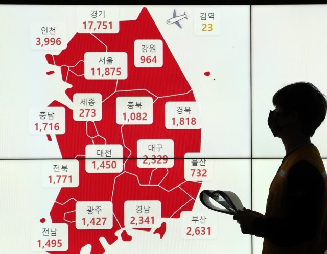 10일 0시 기준 신종 코로나바이러스 감염증(코로나19) 신규 확진자가 5만4122명 발생, 국내 코로나19 유입 이후 첫 5만명대를 기록한 10일 오후 경기도 성남시 중원구 성남시청 재난안전상황실 모니터에 전국의 누적 확진자 수와 신규 확진자 수가 표시돼 있다. 뉴스1