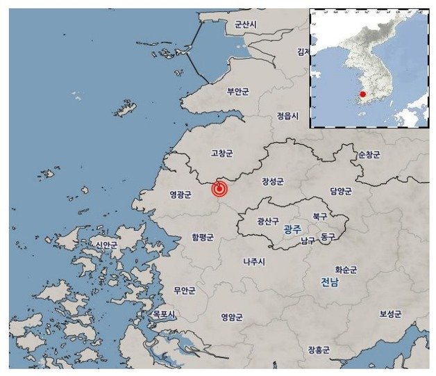 10일 오후 5시20분쯤 전남 영광군 동북동쪽 7㎞ 지역에서 규모 2.2의 지진이 발생했다.  사진은 지진발생 위치.(광주기상청 제공)