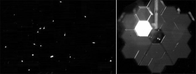 ‘제임스웹 망원경’이 우주에서 처음으로 촬영한 큰곰자리 별빛 이미지(왼쪽 사진). 이 망원경은 이와 함께 자신의 모습을 찍은 일종의 ‘셀카 사진’까지 지구로 전송했다. NASA 홈페이지 캡처