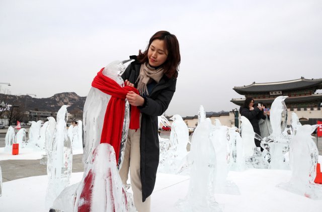 2020년 2월 7일 그린피스 회원들이 서울 광화문광장에서 기후위기와 해양보호 메시지를 전달하기 위해서 얼음으로 조각한 ‘사라지는 펭귄들’을 전시하고 있다.