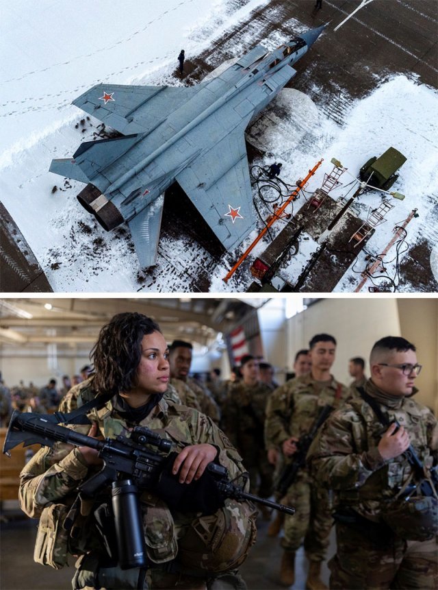 러시아의 우크라이나 침공 위협이 고조되고 있는 가운데 러시아 국방부가 14일 서부 트베리에 있는 미그31 전투기가 이륙 준비를 
하고 있는 사진을 공개했다(위쪽 사진). 같은 날 미국 노스캐롤라이나주 포트브래그 육군 기지에서 미 육군 최정예 부대인 
제82공수사단 군인들이 총을 든 채 폴란드로 이동하기 위해 대기하고 있다. 트베리·포트브래그=AP 뉴시스