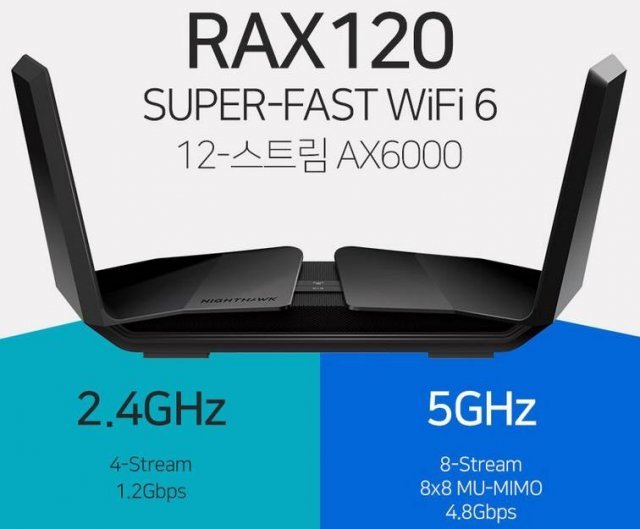 2.4+5GHz 듀얼밴드 구성의 AX6000(1200+4800)급 무선 성능을 갖춘 나이크호크 RAX120 (출처=넷기어)