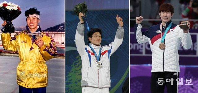 한국의 겨울올림픽 첫 메달은 스피드스케이팅 1000m에서 나왔다. 1992년 2월 18일 알베르빌 대회에서 김윤만이 1위에 0.01초 뒤진 기록으로 은메달을 따내며 역사에 이름을 남겼다. 시상식에서 은메달을 들고 감격에 젖은 19세의 김윤만(왼쪽 사진). 이후에도 2010년 밴쿠버 올림픽에서 모태범이 은메달을(가운데 사진), 2018년 평창 대회에서 김태윤이 동메달을 따내며 1000m의 기적을 이어갔다. 대한체육회 제공·동아일보DB