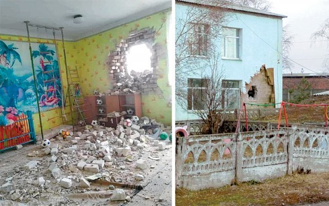 17일(현지 시간) 우크라이나 정부군과 친러시아 반군의 교전이 벌어진 돈바스 지역 루간스크의 한 유치원 벽면에 큰 구멍이 나 있다(왼쪽 사진). 반군과 친러 매체들은 “정부군 공격을 받아 부서졌다”고 주장했고, 우크라이나 정부군은 “러시아 지원을 받는 반군이 포격했다. 다행히 아이들은 밖에 있어서 다치지 않았고 직원 3명이 부상당했다”고 반박했다. 유치원 바깥에서도 큰 구멍이 났음을 한눈에 확인할 수 있다. 우크라이나 합동작전군 제공 트위터 캡처