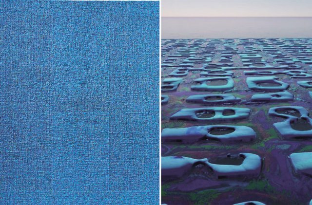 김태호의 실물 원화 ‘Internal Rhythm 2020-26’(왼쪽 사진)을 바탕으로 만든NTF ‘Internal Rhythm_hole_blue’. 표갤러리 제공