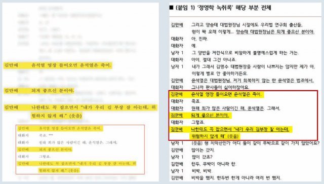 더불어민주당이 20일 공개했던 화천대유 대주주 김만배 씨의 녹취록(왼쪽)과 국민의힘이 22일 공개한 해당 부분 녹취 전문. 대화자는 정영학 회계사로 추정되고, 남자1 신원은 밝혀지지 않았다. 더불어민주당·국민의힘 제공