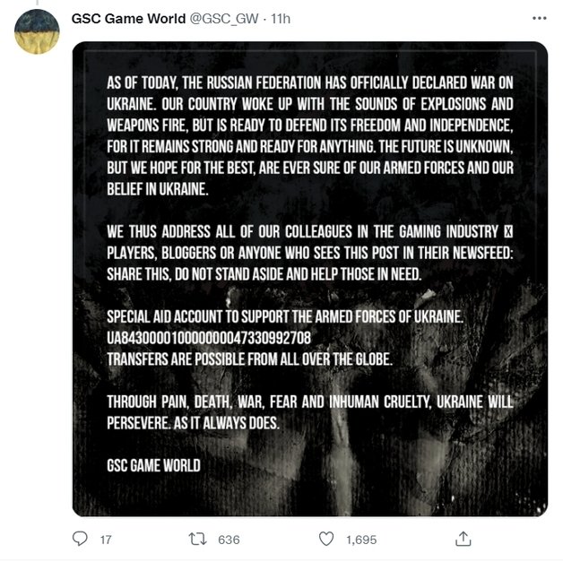 지난 24일 우크라이나 게임 제작사 ‘GSC Game World’가 트위터를 통해 전달한 키예프 현지 상황. (트위터 캡처)