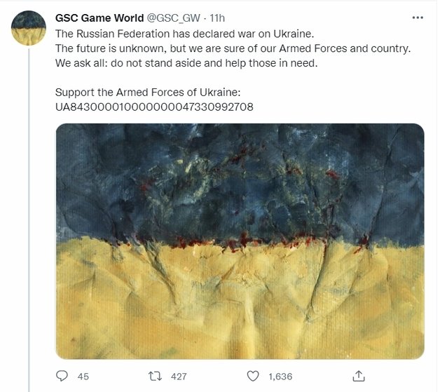지난 24일 우크라이나 게임 제작사 ‘GSC Game World’가 트위터를 통해 우크라이나 군에 대한 지원을 요청했다. (트위터 캡처)
