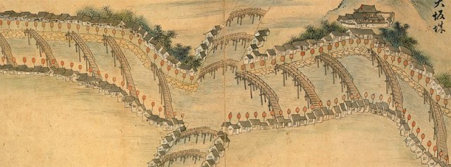 18세기 조선통신사 일행이 일본 오사카에 도착한 직후 도톤보리 강 하구의 모습을 그린 ‘야입대판연’. 강 주변 집과 다리들이 묘사돼 있다. 국립중앙박물관 제공