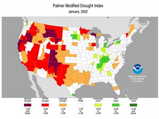 지난달 미국의 가뭄 정도를 나타낸 지도. 미국 남부 지방일수록 극심한 가뭄에 시달리는 것을 알 수 있다.