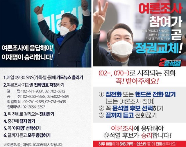 더불어민주당(왼쪽 사진)과 국민의힘이 각각 제작한 여론조사 참여 독려 포스터. 3일부터 조사한 여론조사 결과는 9일 투표 마감 시간까지 공표가 금지된다. 민주당 이재명, 국민의힘 윤석열 대선 후보의 포스터에는 모두 ‘여론조사에 응답해야 후보가 승리합니다’라고 적혀 있다. 더불어민주당·국민의힘 제공