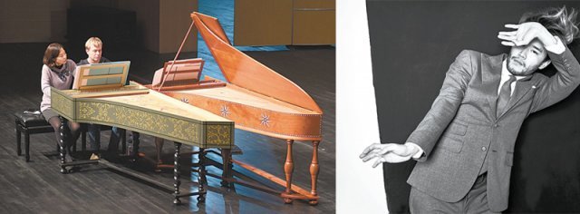 ‘바로크 음악과 현대무용의 조우’ 콘서트에서 하프시코드를 연주하는 조성연(왼쪽 사진 왼쪽)과 마르친 시비옹트키에비치. 오른쪽 사진은 연주를 춤으로 표현할 현대무용가 서일영. 메이지프로덕션 제공