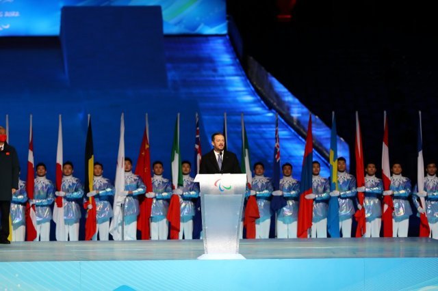 앤드루 파슨스 국제패럴림픽위원회(IPC) 위원장이 2022 베이징 겨울패럴림픽 개회식에서 연설을 하고 있다. 대한장애인체육회 제공