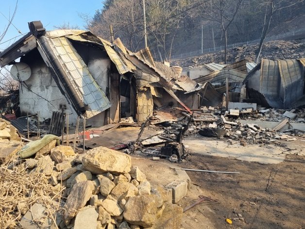 5일 새벽 발생한 강릉 옥계산불의 최초 발화지점으로 추정되는 한 주택이 불에 소실돼 있다. 2022.3.5/뉴스1