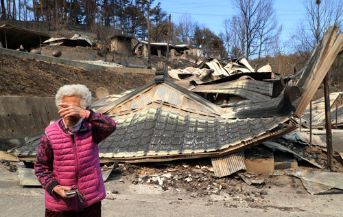 6일 경북울진 강원 삼척 산불이 사흘째 확산되고 있는 가운데 경북 울진 북면 신화2리 남봉학(85세)할머니가 화재로 전소된 집을 쳐다보며 눈물을 흘리고 있다. 전영한 기자 scoopjyh@donga.com