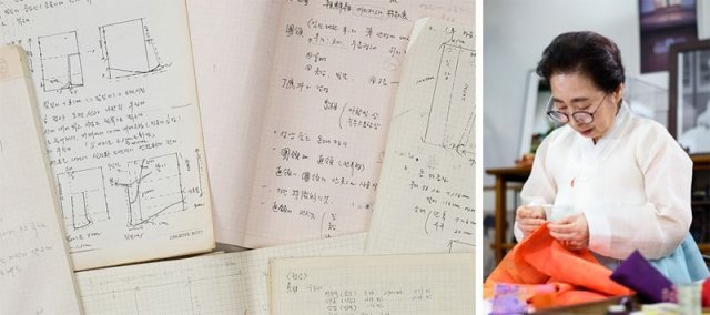 침선장 구혜자 씨가 52년간 침선 기술에 대해 쓴 노트(왼쪽 사진). 구 씨가 서울 강남구 국가무형문화재 전수교육관에서 한복을 짓고 있다. 올해 여든이 된 그는 매일 이곳으로 출근해 한복을 짓고 제자들을 가르친다. 한국문화재재단 제공