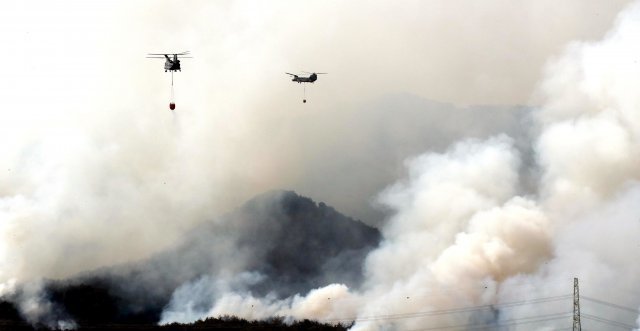 7일 경북 울진군에서 육군항공사령부 소속 CH-47 ‘치누크’ 헬기가 산불 진화작전을 하고 있다. 국방일보 제공