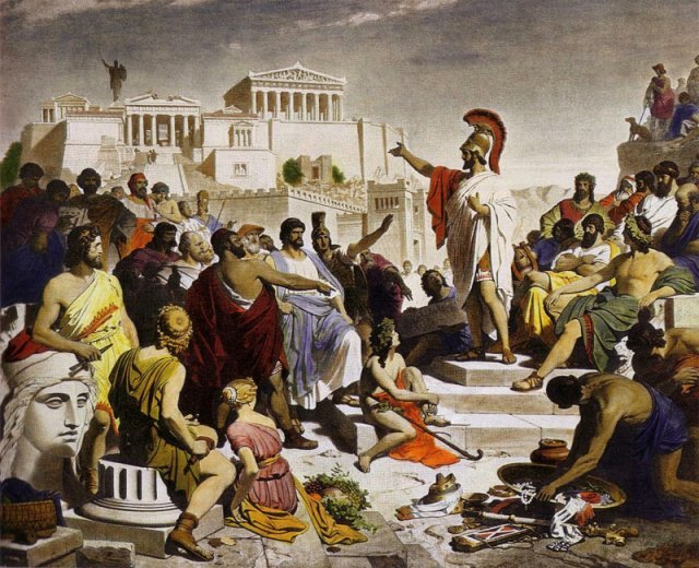 필리프 폴츠의 ‘페리클레스의 추도 연설’(1852년). 아테네 시민들은 이처럼 프닉스 언덕에서 연설을 듣고 중요 정책을 결정했다. 김상근 교수 제공