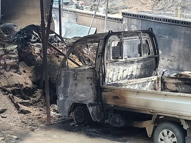 10일 산불 피해를 입은 울진 북면 소곡1리에서 전소, 파손된 자동차가 방치돼 있다.2022.3.10/뉴스1 © News1 조현기 기자