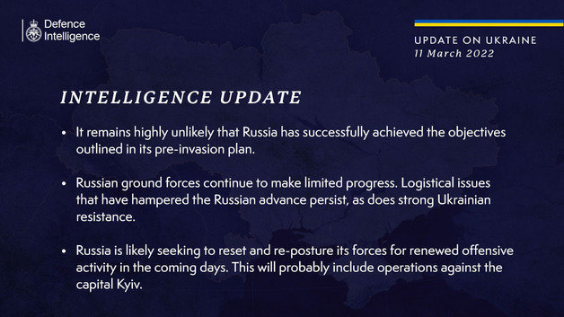 영국 국방부가 러시아군의 진격이 여전히 더디다고 분석했다. (영국 국방부 트위터 갈무리)