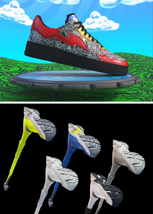 나이키는 지난해 디지털 아티스트 푸오 셔스와 손잡고 가상 스니커즈를 판매했고, 발렌시아가는 게임 ‘포트나이트’에서 신발 모양 곡괭이 등 NFT 아이템을 발매했다(위쪽 사진부터). 각 사 제공·홈페이지 캡처