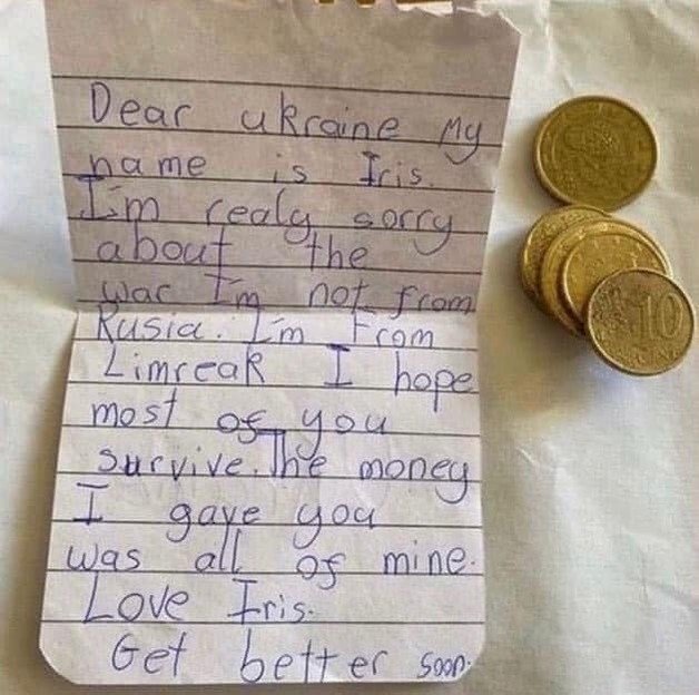 지난 12일 인스타그램 ‘우크라이나와 함께’ 계정에 올라온 8세 아일랜드 소녀가 남긴 편지. (인스타그램 갈무리)  © 뉴스1