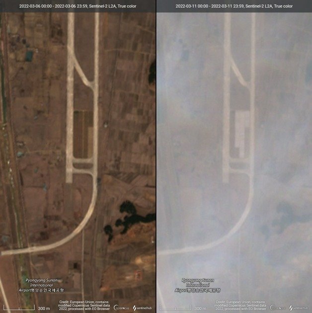 북한 평양 순안국제공항 북쪽 활주로에 이동식 미사일 발사대(TEL) 차량 설치 때 사용하는 ‘콘크리트 지지대’가 증설됐다. 사진은 지구관측위성 ‘센티널-2A’가 지난 6일(왼쪽)과 11일 각각 촬영한 순안공항 북쪽 활주로 일대 위성사진 (센티널 허브 캡처) © 뉴스1