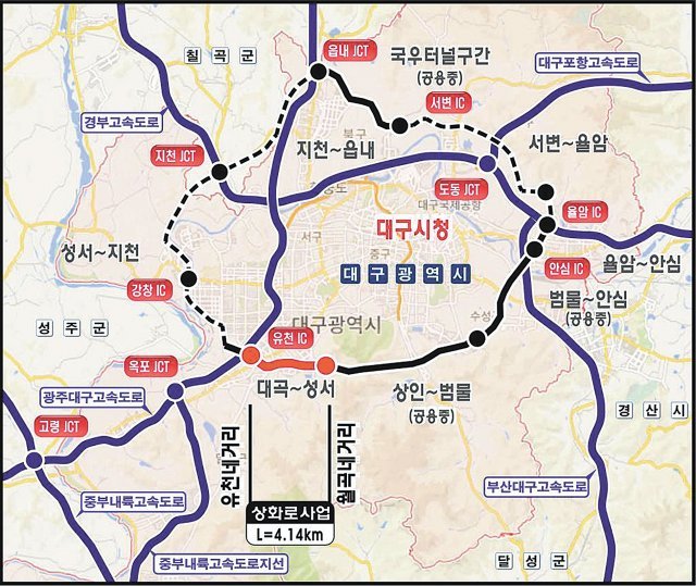 대구시 달서구 상화로 입체화 사업 구간 지도.