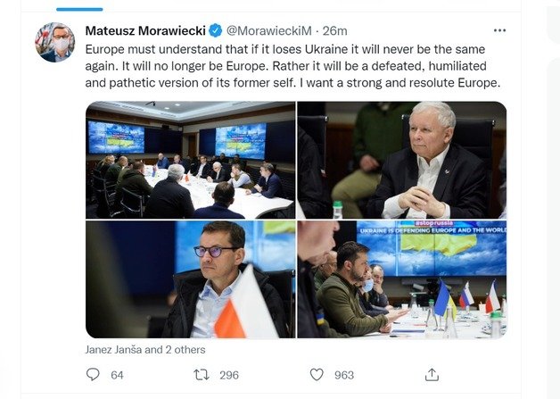 15일(현지시간) 우크라이나 전쟁 발발 후 처음으로 키이우를 찾은 마테우스 모라비에키 폴란드 총리는 트위터를 통해 “유럽은 우크라이나를 잃으면 다시는 예전과 같지 않을 것이라는 점을 이해해야 한다”며 “나는 강하고 단호한 유럽을 원한다”고 밝혔다. 사진은 모라비에키 총리와 페트르 피알라 체코 총리, 야네스 얀사 슬로베니아 총리가 볼로디미르 젤렌스키 우크라이나 대통령 등 우크라 지도부와 회담하는 모습. 모라비에키 총리 트위터 게시물 갈무리. © News1