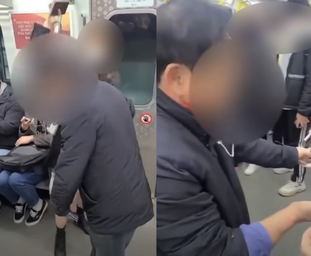 서울 지하철 9호선에서 20대 여성이 핸드폰으로 수차례 머리를 가격해 피 흘리고 있는 60대 남성. 유튜브 BMW TV 캡처