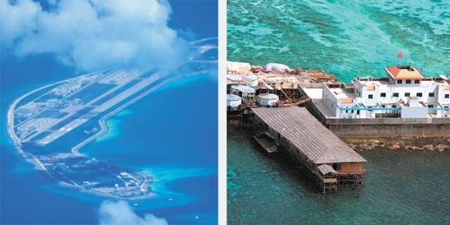 美, ‘中 남중국해 인공섬 군사화’ 비난 20일 남중국해 스프래틀리군도(중국명 난사군도)에 있는 중국의 인공섬에 
활주로와 격납고 등 군사기지임을 추정할 수 있는 시설물이 설치돼 있다. 이날 미국 해군 초계기 P-8A 포세이돈은 이 지역 일대를
 정찰 비행했다(왼쪽 사진). 오른쪽은 1999년 2월 8일 스프래틀리군도에 있는 중국의 인공섬 미스치프 암초를 촬영한 사진. 
콘크리트 구조물 위로 중국 오성홍기가 나부끼는 게 보인다. 남중국해=AP 뉴시스