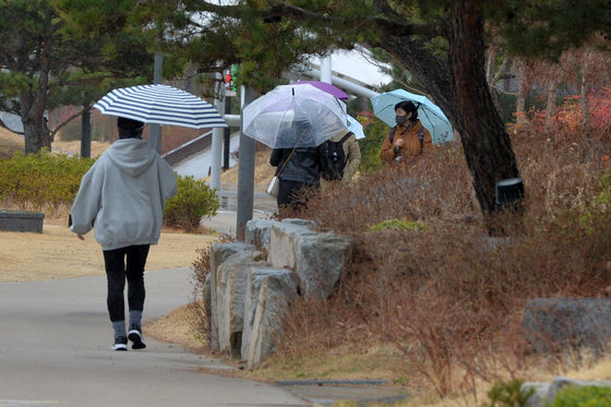 경북 포항시 전역에 봄비가 내리는 17일 시민들이 철길 숲길을 따라 출근하고 있다. 2022.3.17/뉴스1