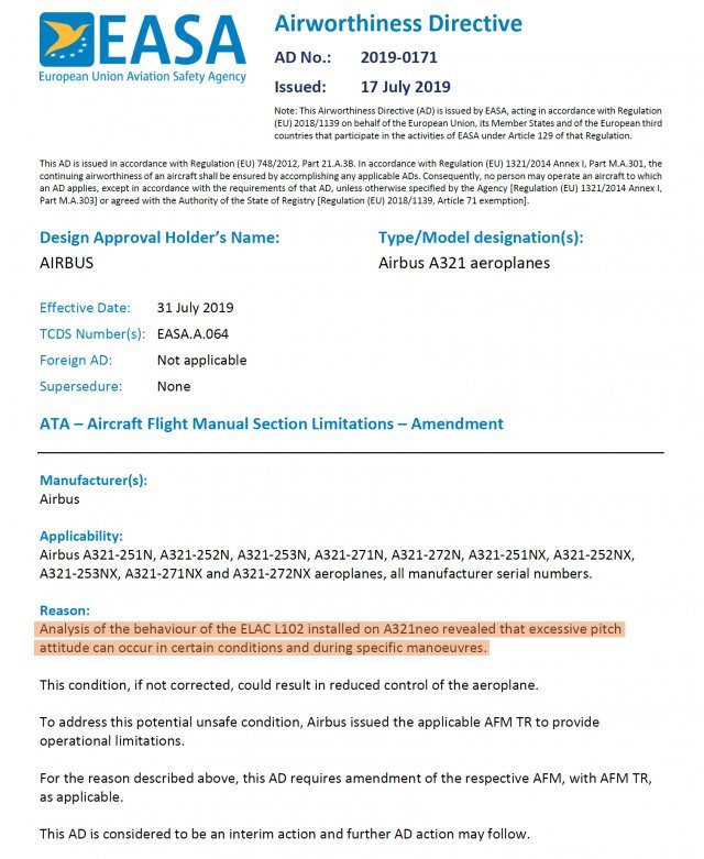 유럽항공안전청(EASA)이 2019년 발행한 A321neo에 대한 감항성개선지시서. 자료: EASA