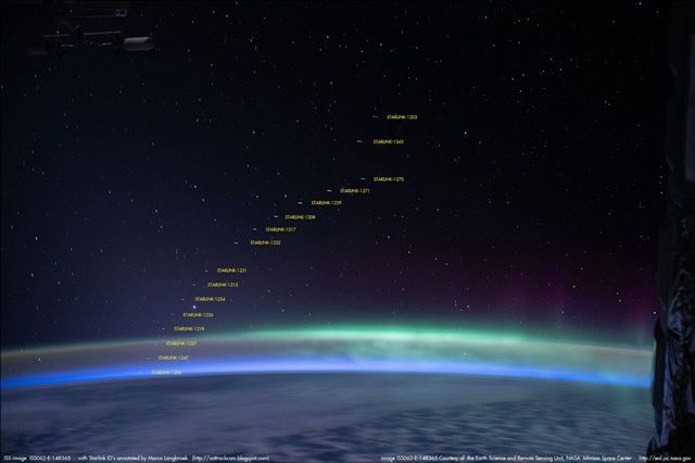 지구 저궤도를 도는 스페이스X 스타링크 군집 위성 모습, 출처: 나사(NASA)