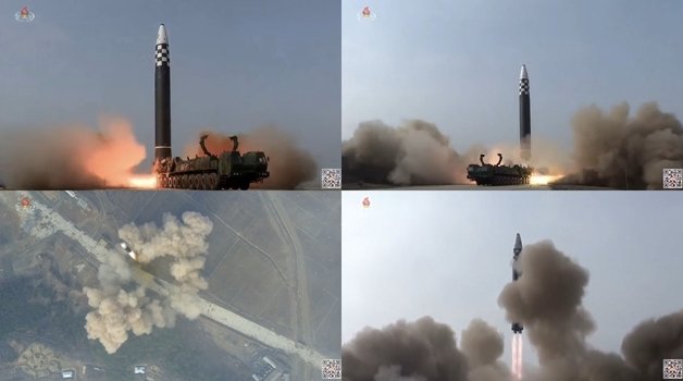 북한 조선중앙TV가 25일 공개한 ICBM ‘화성-17형’ 시험발사 영상 캡처. © 뉴스1