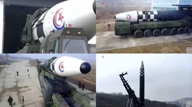 북한 조선중앙TV가 25일 공개한 ICBM ‘화성-17형’ 시험발사 영상 캡처. © 뉴스1