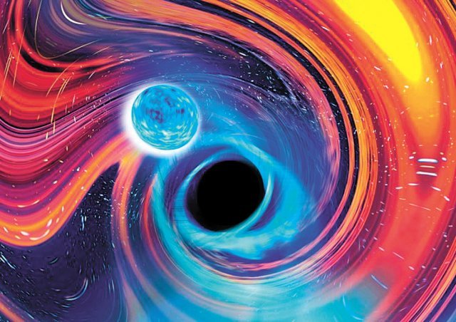 블랙홀(가운데 검은 구멍)이 중성자별(파란색)과 충돌하면서  중력파가 발생하는  모습을 그려낸 상상도. 호주 스윈번대 제공